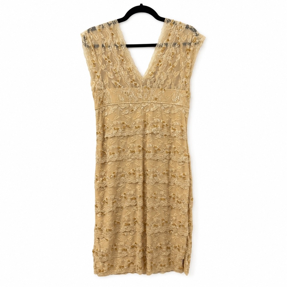 Eureka USA Lace Sequin Tiered Dress Gold XL Vtg Glamoratti Party Cocktail NWT